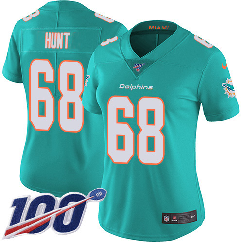 Nike Miami Dolphins #68 Robert Hunt Aqua Green Team Color Women Stitched NFL 100th Season Vapor Untouchable Limited Jersey->women nfl jersey->Women Jersey